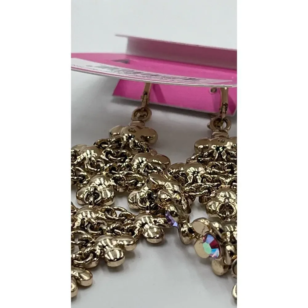 Betsey Johnson Gold Tone Love Fest Flower & Crystal Chandelier Drop Earrings New
